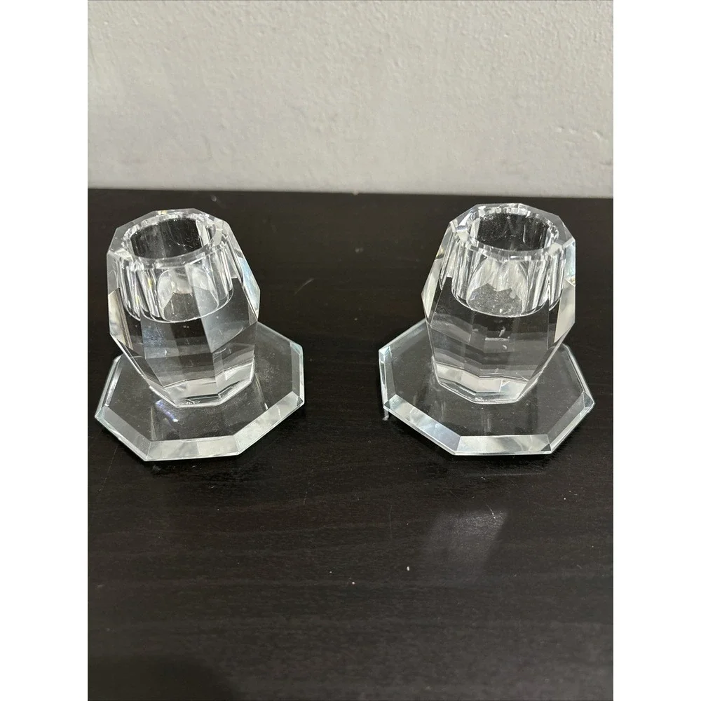 Signed Oleg Cassini Set of 2 Crystal Candle Holders Clear Hexagon